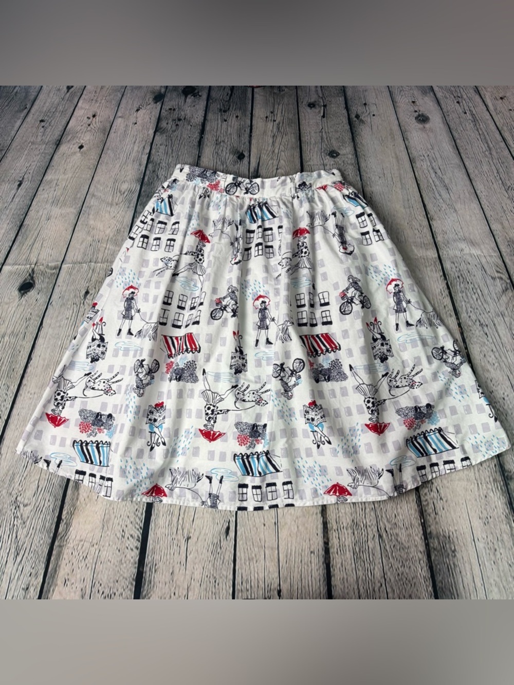 ModCloth Rainy Day in Paris Skirt Cotton A-Line White Red Blue Accent Size Small